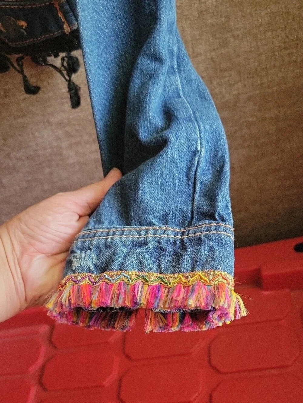 Rue21 Blue Distressed Cropped Denim Jacket with Black Tassel Hem - Picture 4 of 5